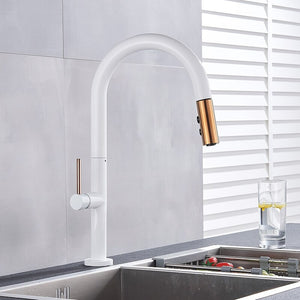 Brass White Kitchen Faucet Rotating and Pull Out