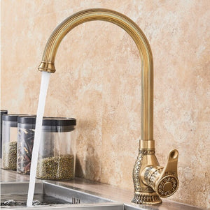 Retro Brass Antique Copper Striped Kitchen Faucet
