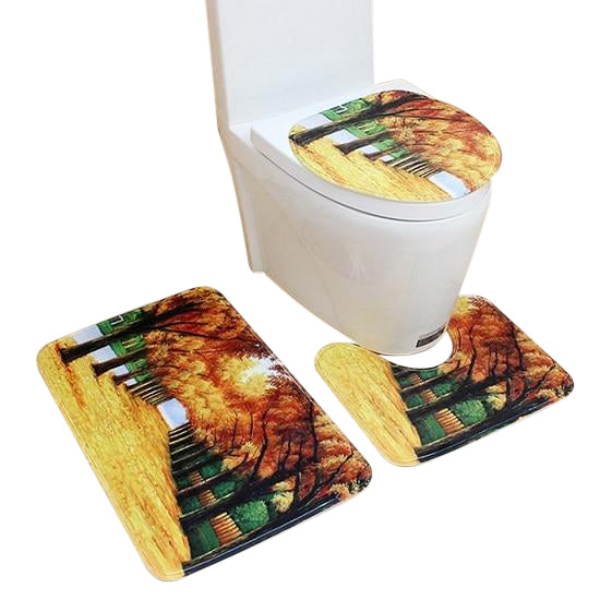 3in1 Flannel Maple Anti-Slip Toilet Cover Set
