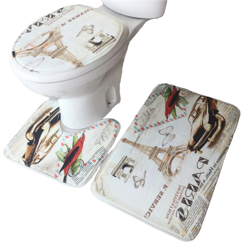 3in1 Flannel Paris Anti-Slip Toilet Cover Set
