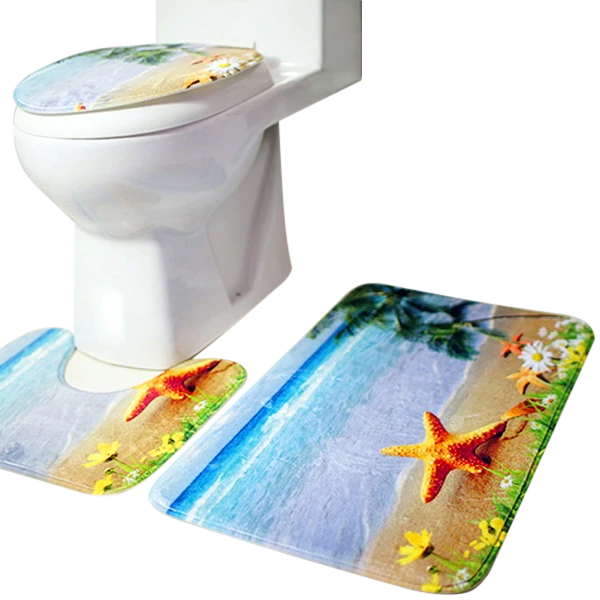 3in1 Flannel Starfish Shore Anti-Slip Toilet Cover Set