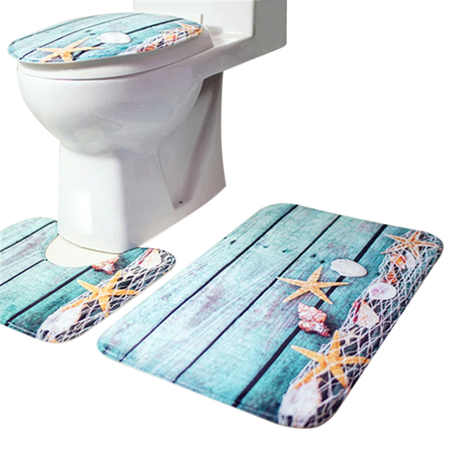 3in1 Flannel Starfish Wood Style Anti-Slip Toilet Cover Set