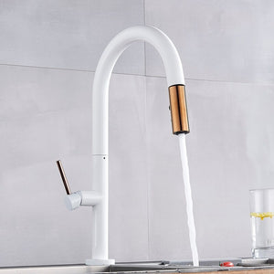 Brass White Kitchen Faucet Rotating and Pull Out