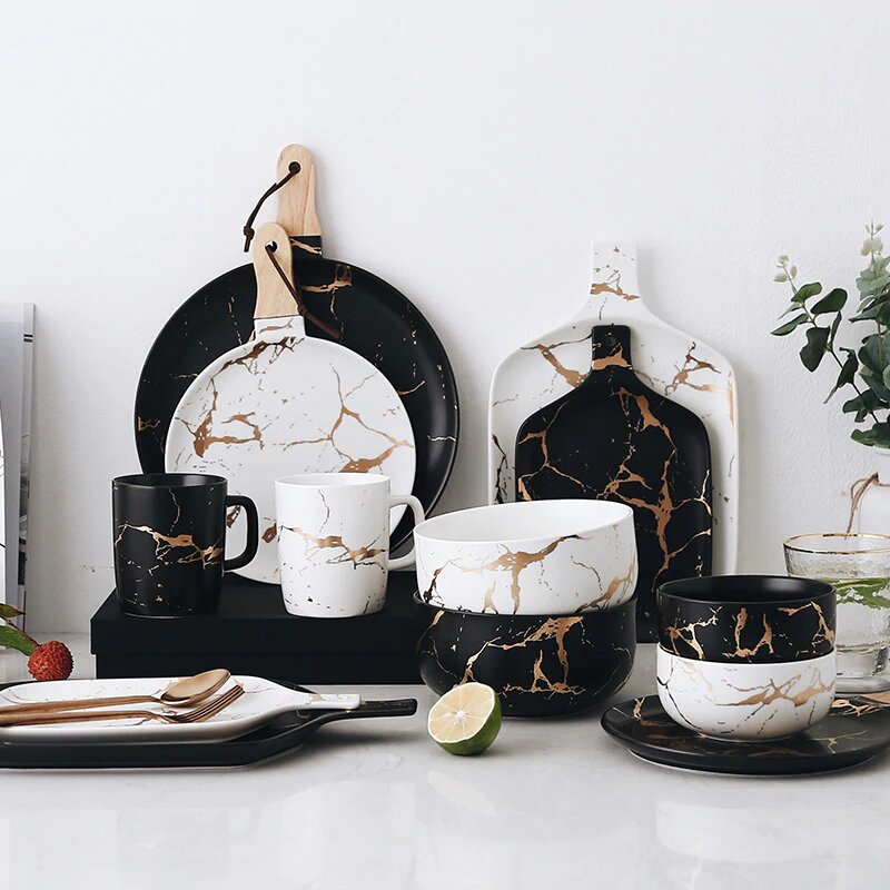 European White Black Golden Ceramic Dishes