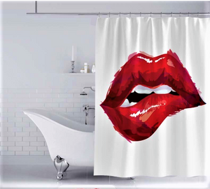 White and Red Polyester Bathroom Curtain
