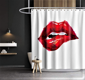 White and Red Polyester Bathroom Curtain