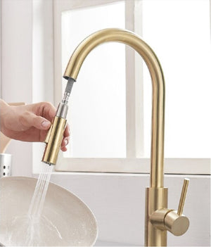 Stainless Steel Brushed Gold Kitchen Faucet Touch Sensor and Pull Out