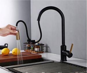 Stainless Steel Black and Gold Kitchen Faucet Touch Sensor and Pull Out