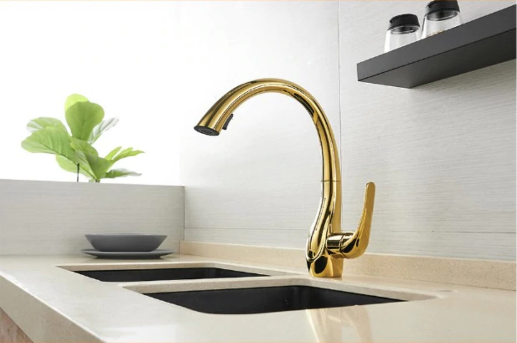 Brass Gold Kitchen Faucet Pull Out and Rotatable