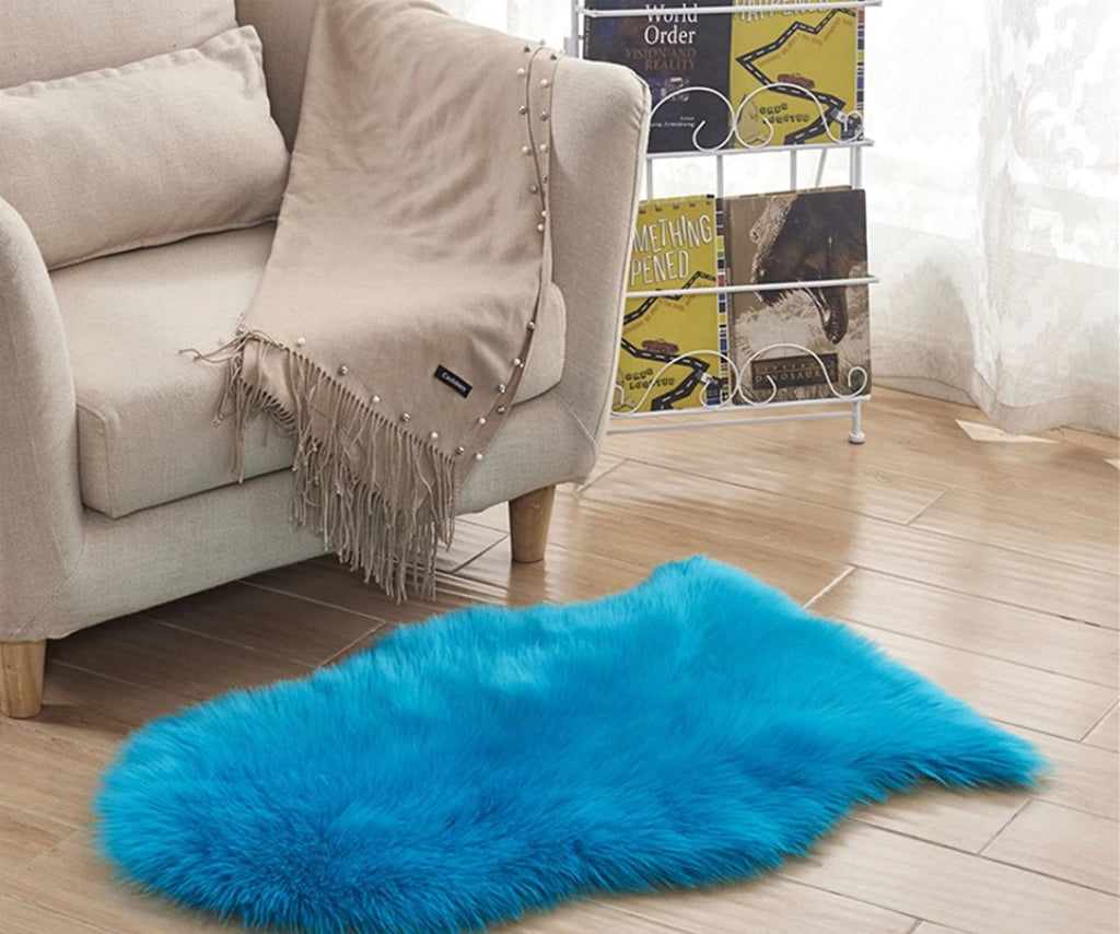 Artificial Sheepskin Blue Fur Plain Bedroom and Living Area Rug