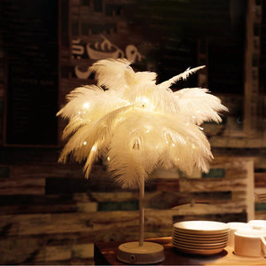 Ostrich Feather Table Lamp Artificial Feather Shade LED Desk Night Light USB/Battery