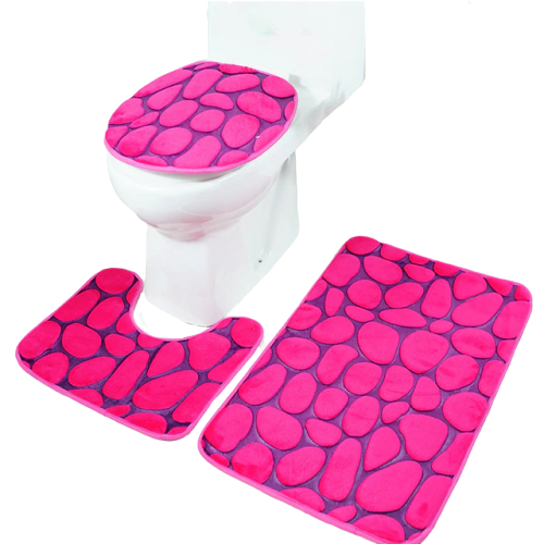 3in1 Flannel Pink Stone Anti-Slip Toilet Cover Set