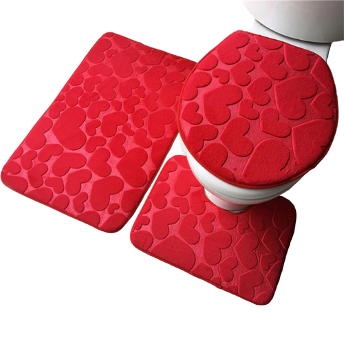 3in1 Flannel Red Hearts Anti-Slip Toilet Cover Set