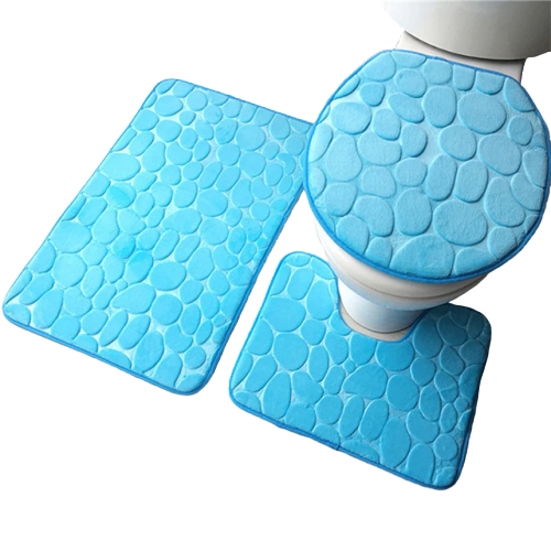 3in1 Flannel Cyan Pebbles  Anti-Slip Toilet Cover Set