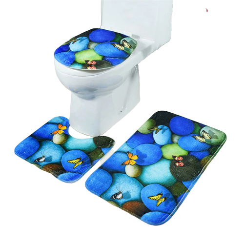 3in1 Flannel Blue Stones Anti-Slip Toilet Cover Set - Hansel & Gretel Home Decor
