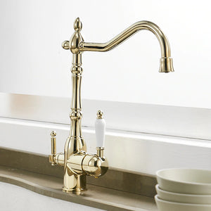 Solid Brass Smooth Gold Kitchen Faucet Rotating and Water Purifying