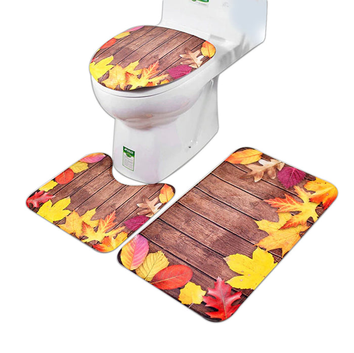 3in1 Flannel Wood Yellow Flowers Anti-Slip Toilet Cover Set