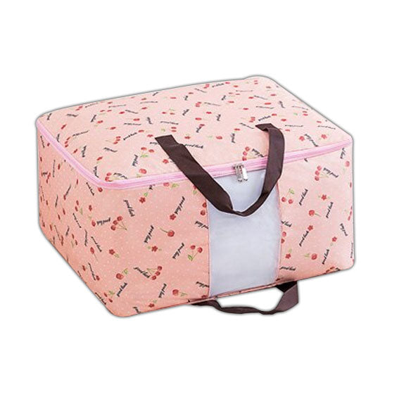 Square Pink Cherry with Brown Strap Storage Bag