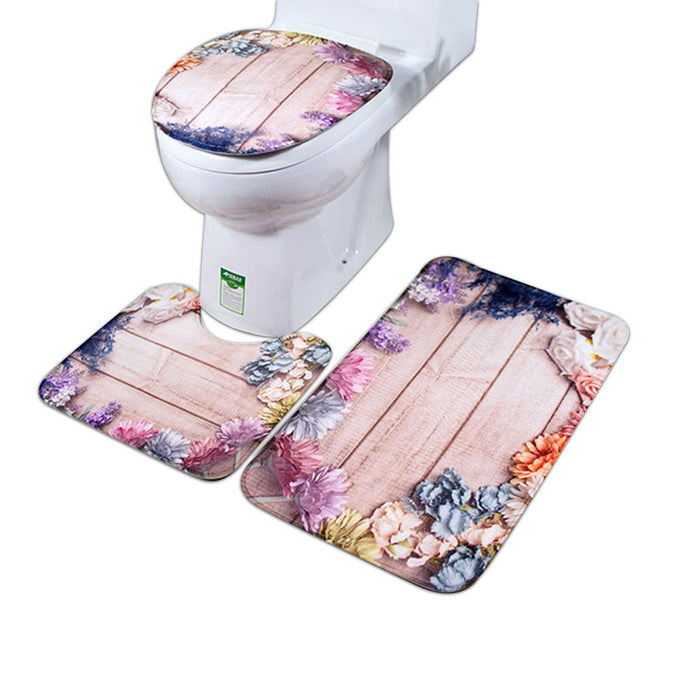 3in1 Flannel Wood Flowers Anti-Slip Toilet Cover Set