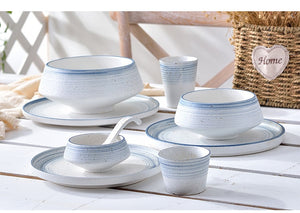 Retro White and Blue Glazed Ceramic Dinner Plate