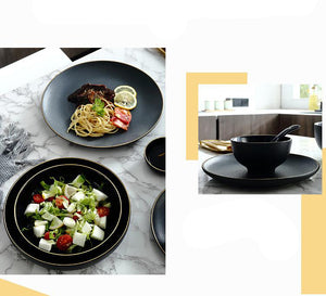 Modern Matte Black Gold Rim Dinner Plate Ceramic