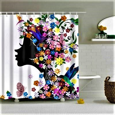 Black and White Polyester Bathroom Curtain