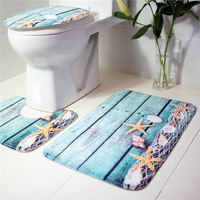 3in1 Flannel Starfish Wood Style Anti-Slip Toilet Cover Set - Hansel & Gretel Home Decor