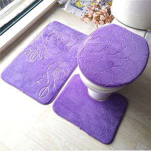 3in1 Flannel Purple Flowers Anti-Slip Toilet Cover Set - Hansel & Gretel Home Decor