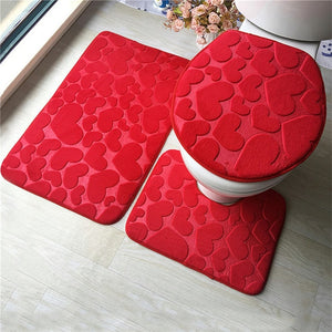 3in1 Flannel Red Hearts Anti-Slip Toilet Cover Set - Hansel & Gretel Home Decor