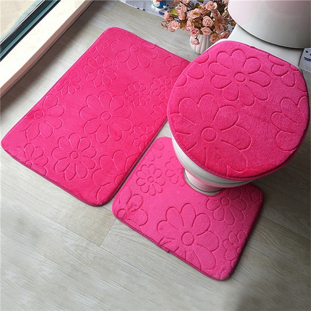 3in1 Flannel Pink Flowers Anti-Slip Toilet Cover Set - Hansel & Gretel Home Decor