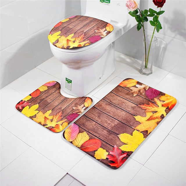 3in1 Flannel Wood Yellow Flowers Anti-Slip Toilet Cover Set - Hansel & Gretel Home Decor