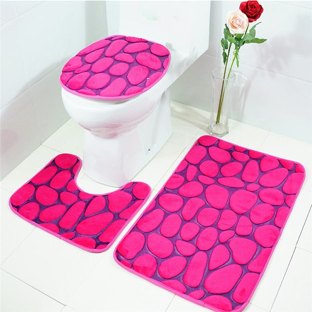 3in1 Flannel Pink Stone Anti-Slip Toilet Cover Set - Hansel & Gretel Home Decor