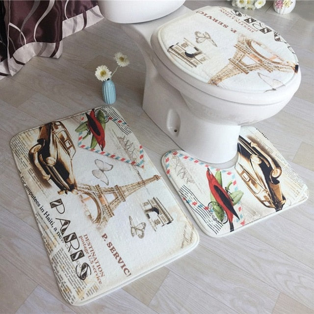 3in1 Flannel Paris Anti-Slip Toilet Cover Set - Hansel & Gretel Home Decor