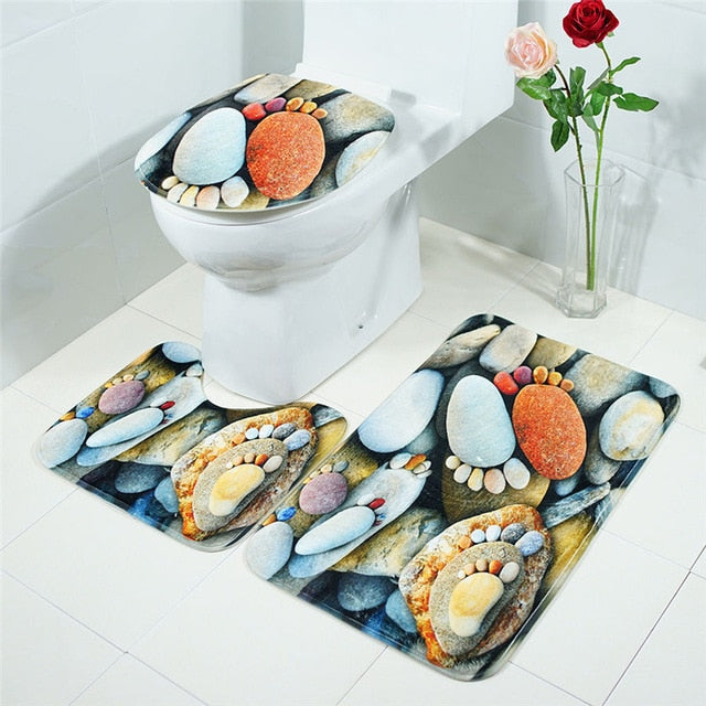3in1 Flannel Foot Stones Anti-Slip Toilet Cover Set - Hansel & Gretel Home Decor