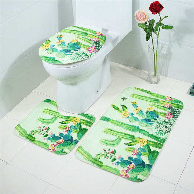 3in1 Flannel Cactus Anti-Slip Toilet Cover Set - Hansel & Gretel Home Decor