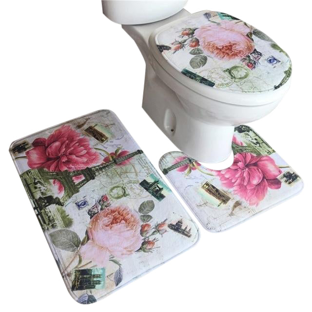 3in1 Flannel Rose Petal Anti-Slip Toilet Cover Set