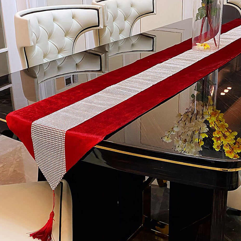 Modern Red Flannel Diamond Table Runners with Tassels