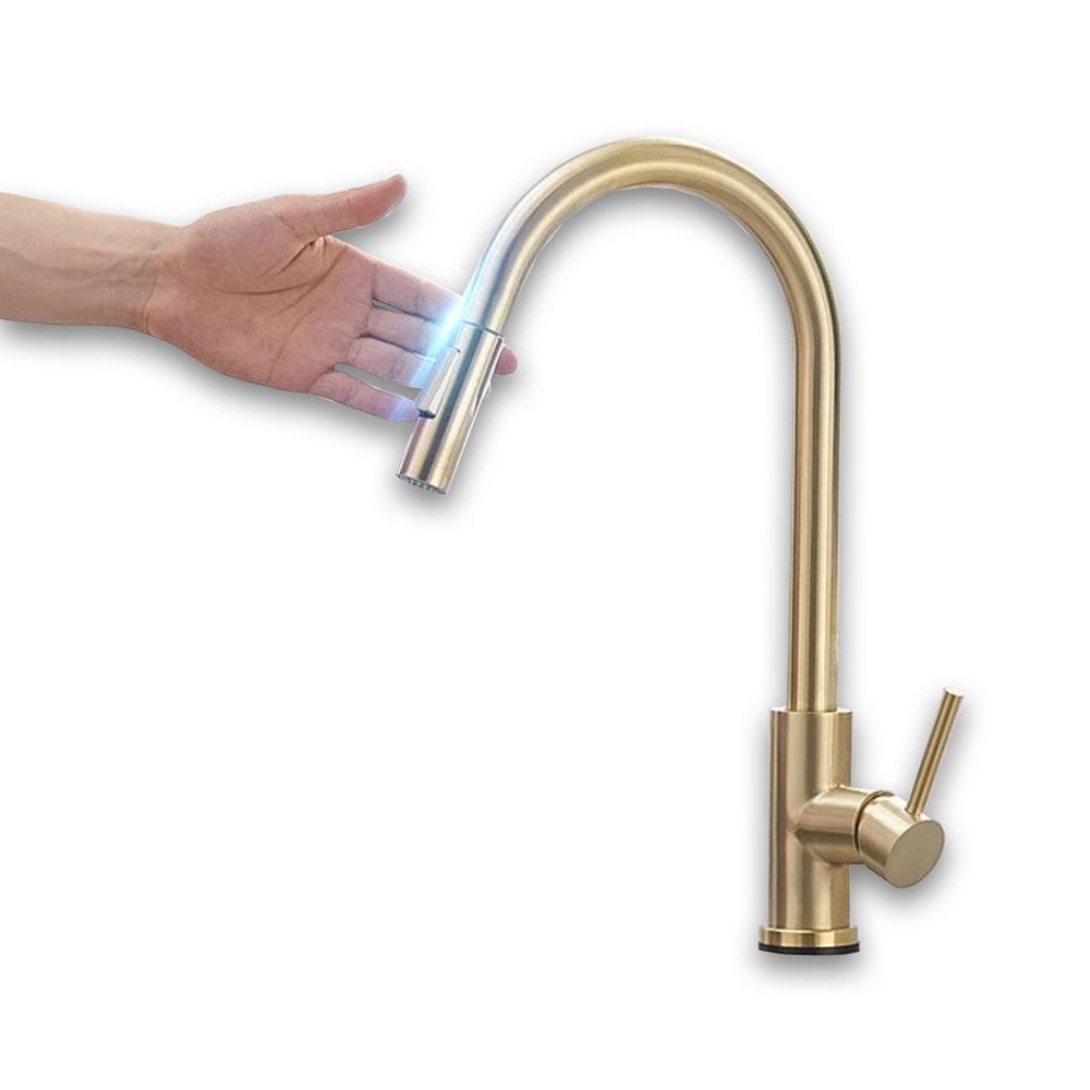 Stainless Steel Brushed Gold Kitchen Faucet Touch Sensor and Pull Out - Hansel & Gretel Home Decor